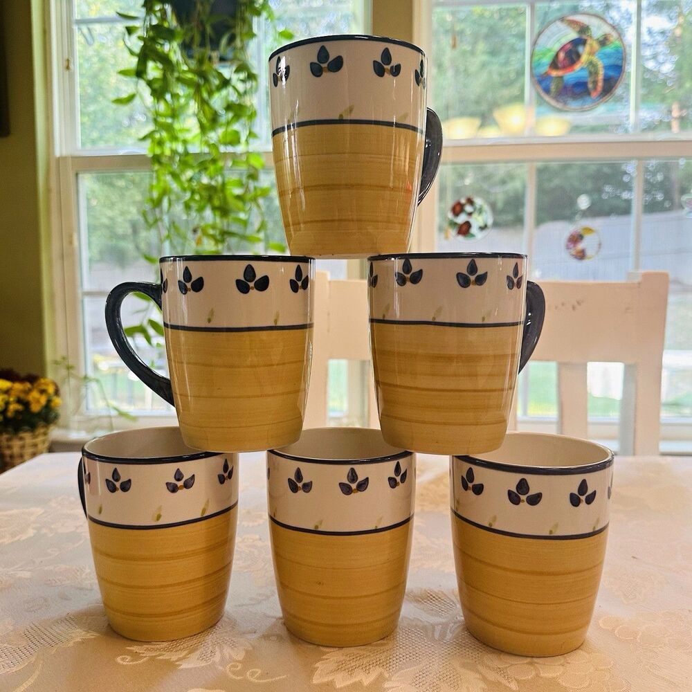 VTG JCPenney Home Collection Color Strokes Blue Leaves Stoneware Mugs Set of 6
